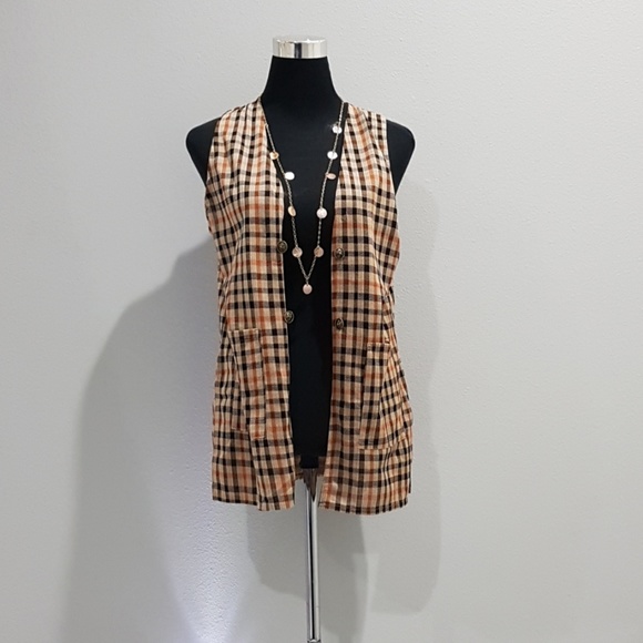 Jackets & Blazers - Brown Checkered Open Front Sleeveless Vest NWOT